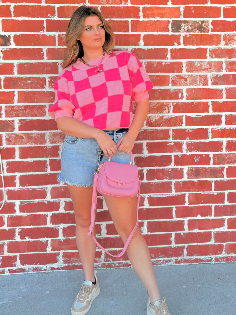 Checkered Short Puff Sleeve Knit Pullover Top PINK