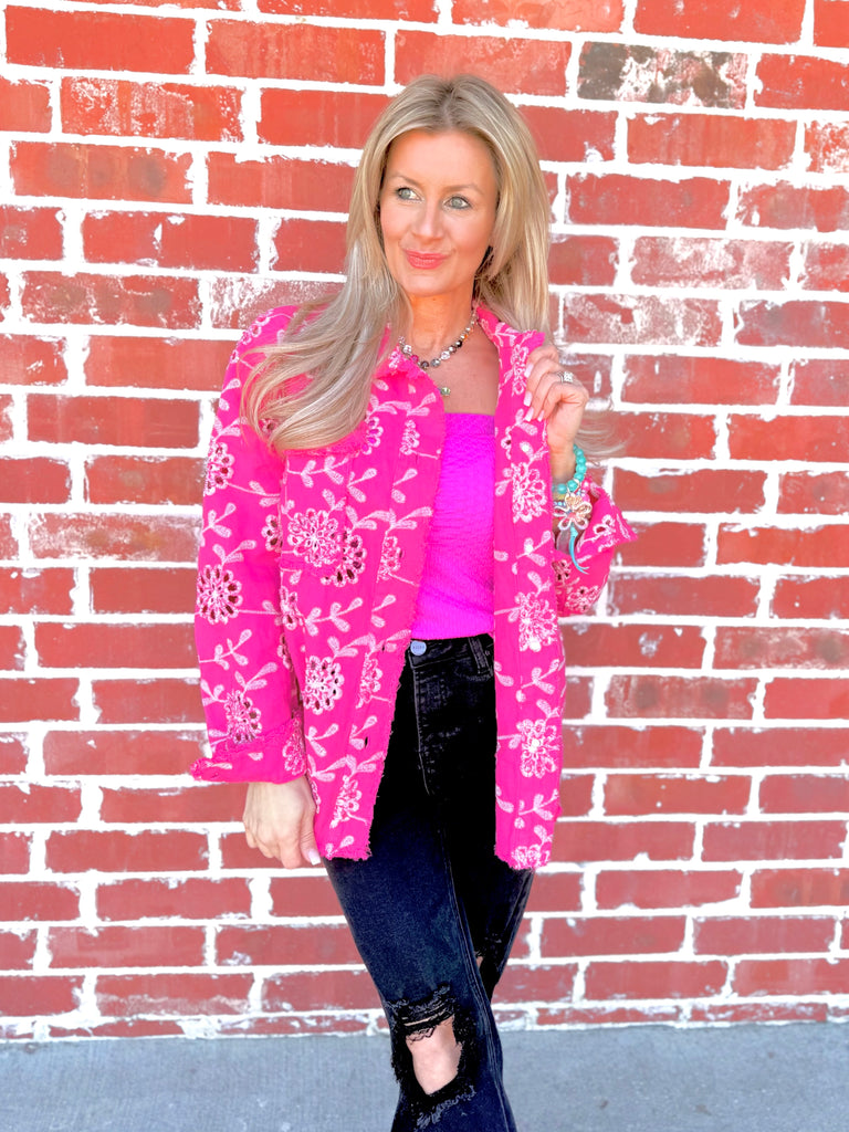 Coastal Floral Eyelet Embroidery Denim Jacket - Hot Pink