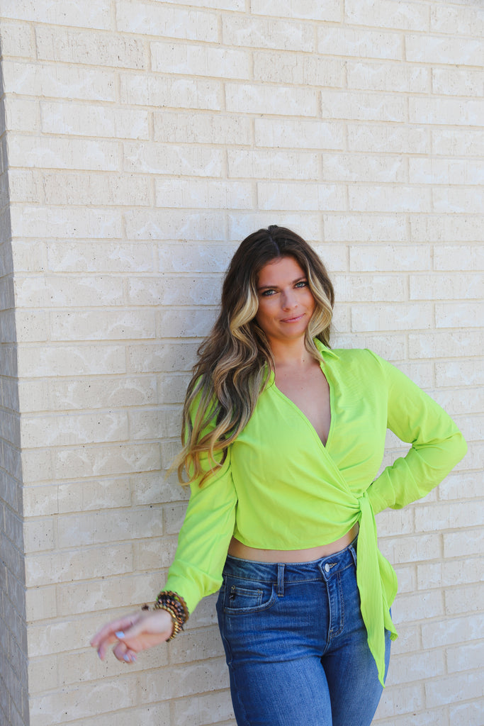 To the Side Tied Surplice Blouse - Neon Lemon