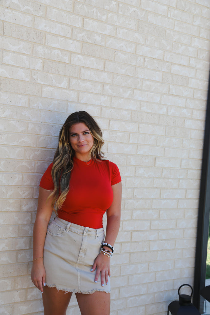 Red Basically Simple Chic Crew neck bodysuit