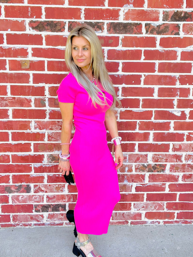 Summer Pink Calling you Later Knit Midi Dress
