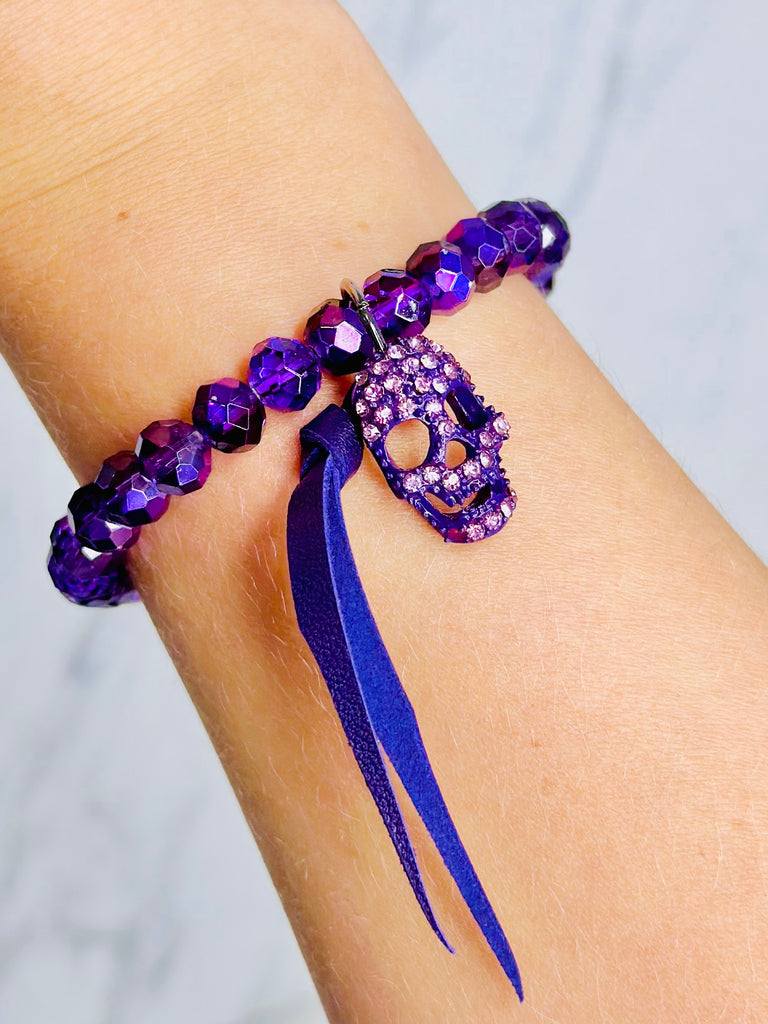 Sweet Sparkling Sugar Skull Beaded Bracelet - Purple