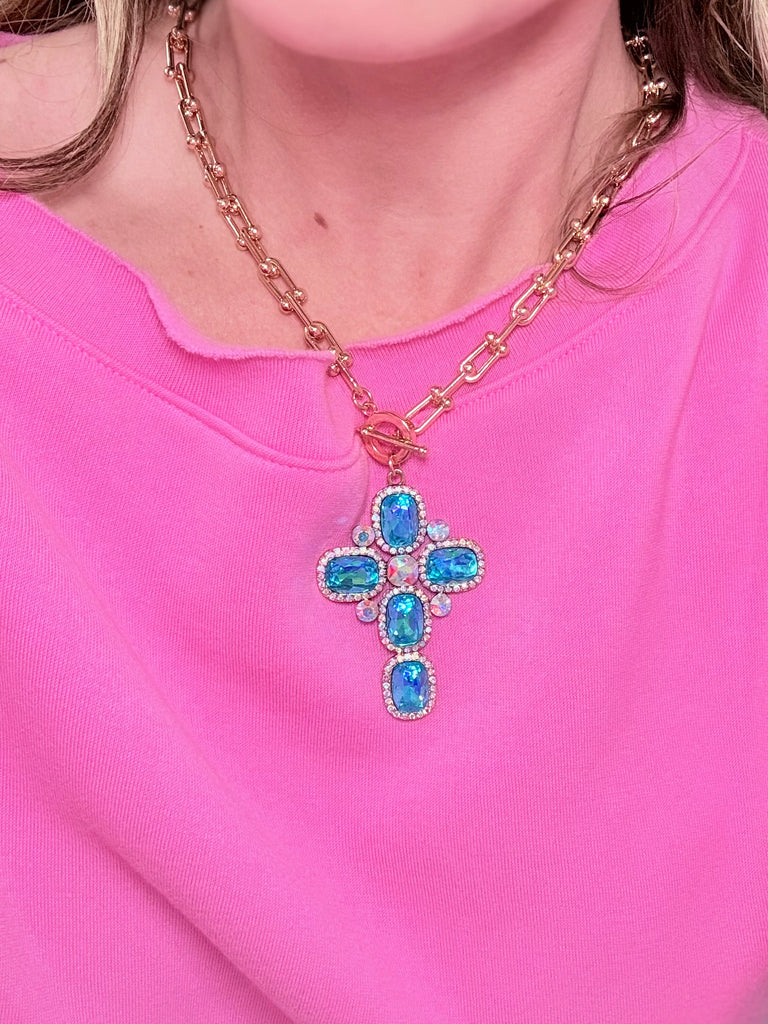 Grace & Charm AB Crystal Cross Necklace in Turquoise