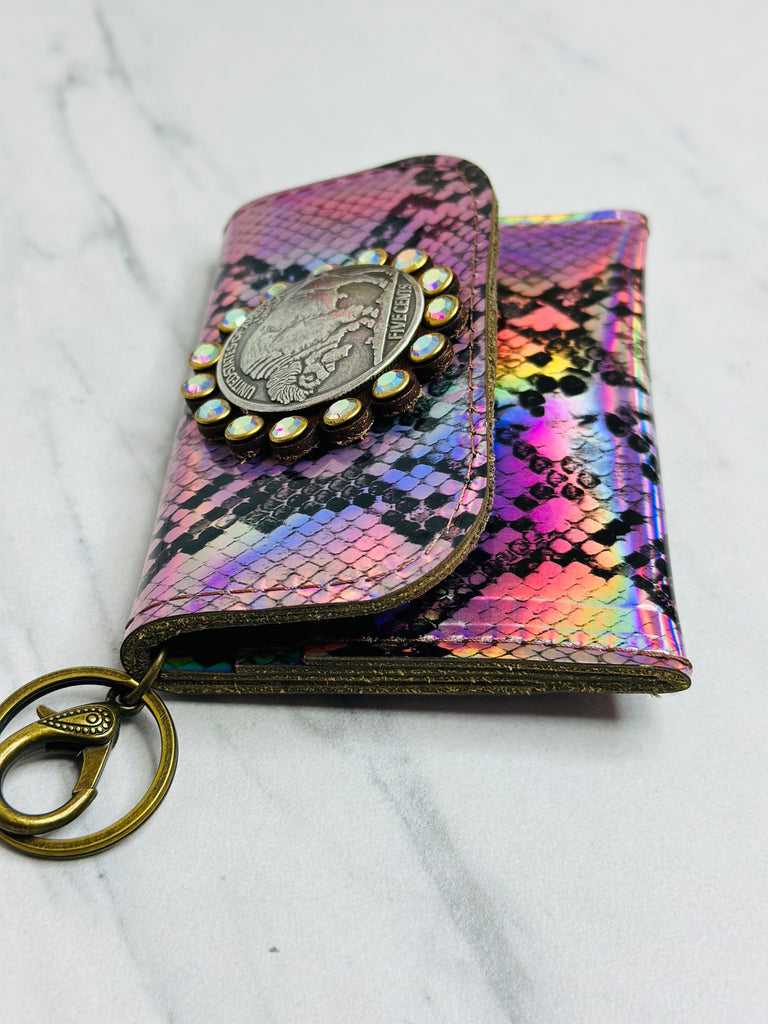 Viper Hologram Leather & Vintage Coin Dolly Card Holder- Blush