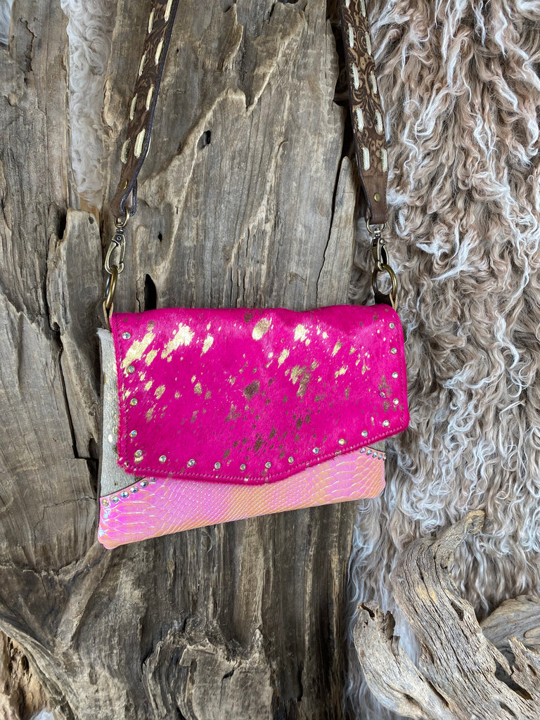 Hot Pink Shimmer & Pink Hologram  Leather/Hide Glenda Purse