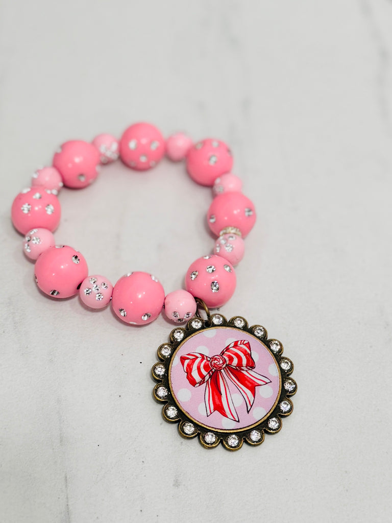 Pink Holiday Shimmer Ribbon Beaded Bracelet