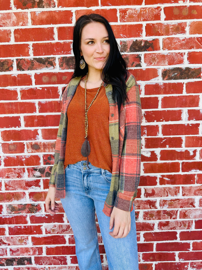 Carried Away Olive & Rust Plaid Shacket