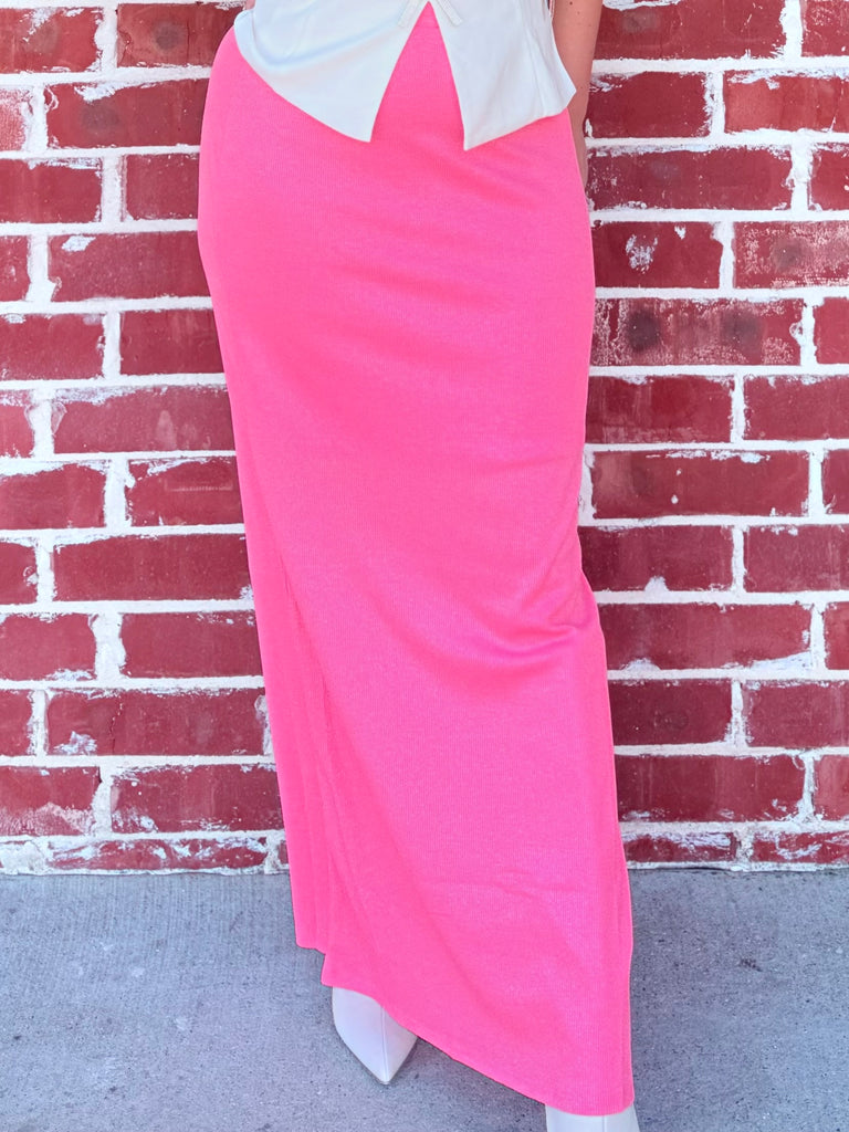 Blush Pink Metallic Side Slit Maxi Skirt