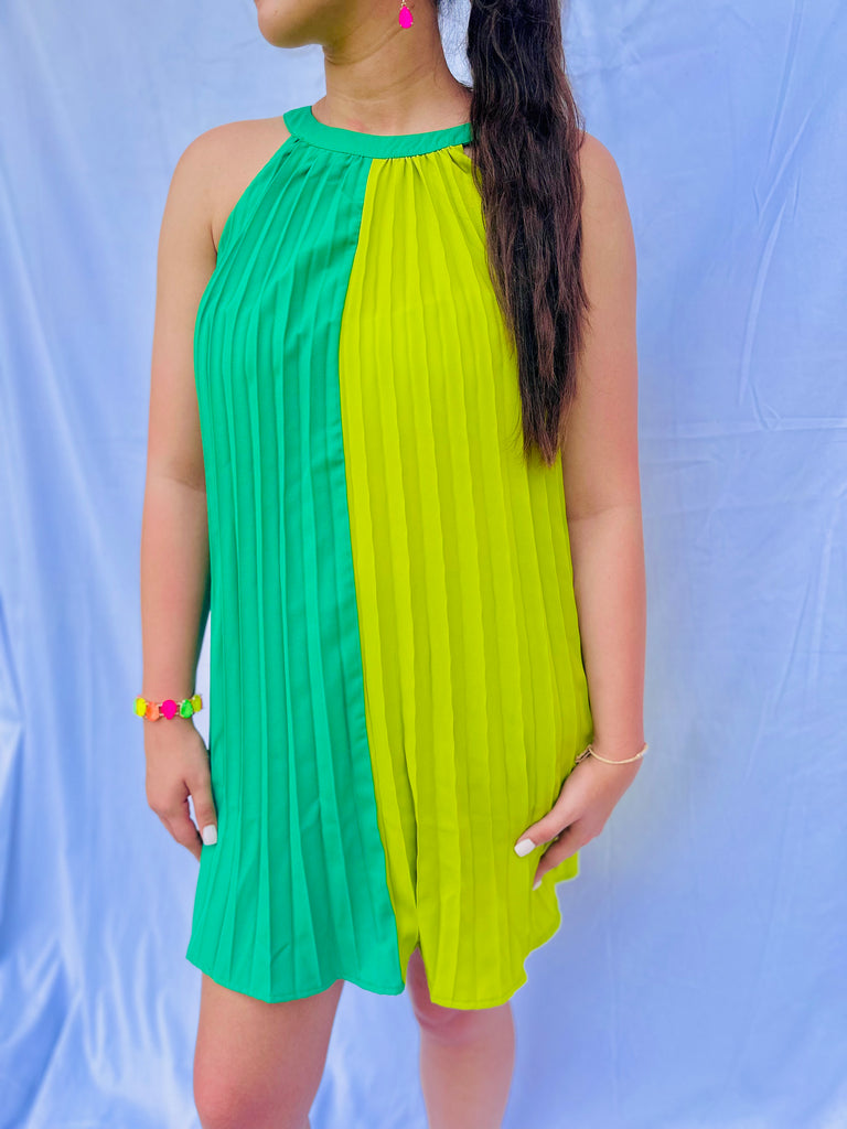 Kelly Green Halter Color Block Pleated Dress