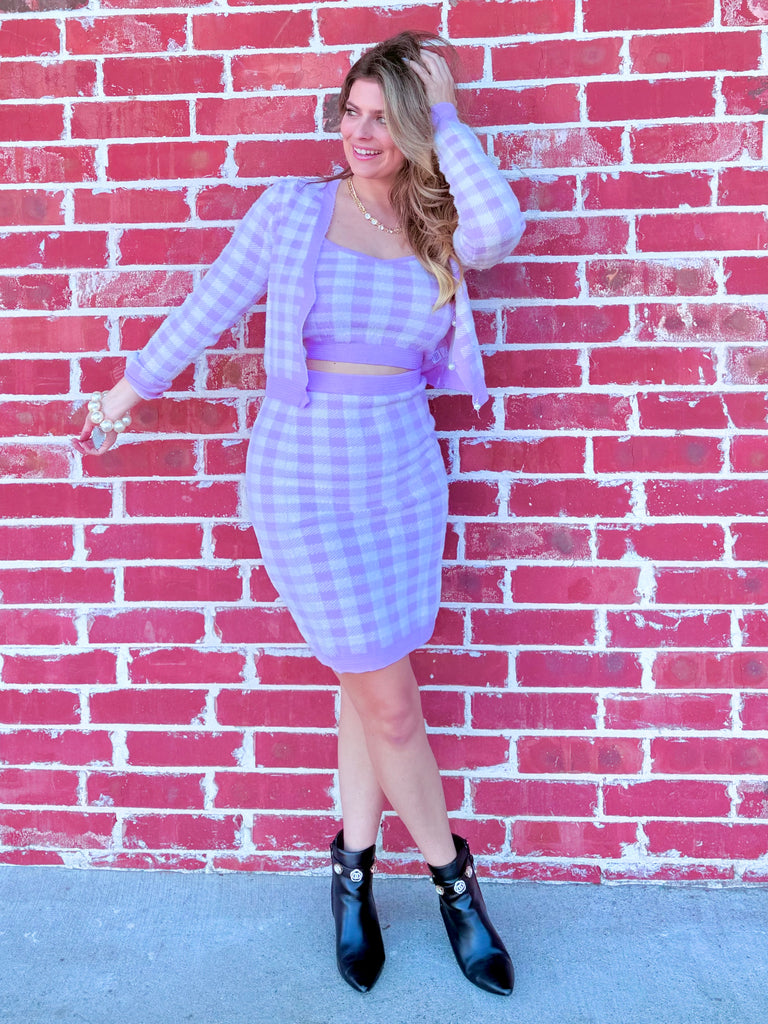 Lavender Picnic Plaid Cami Top With Cardigan 2 Piece Set