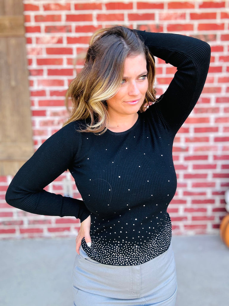 Michelle Chic Black Ribbed Rhinestone Sweater