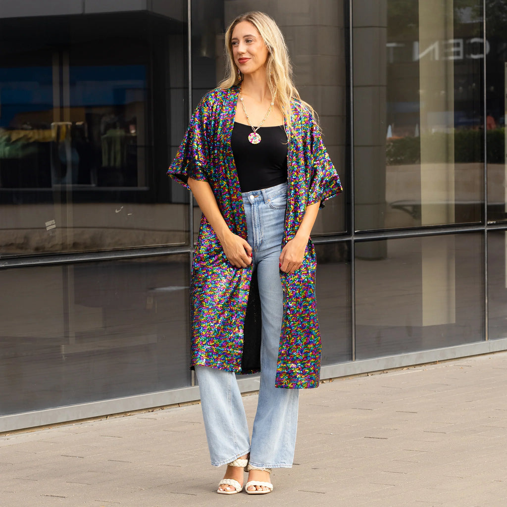 Starlit Sequins Duster Kimono Top - Multi Sparkle