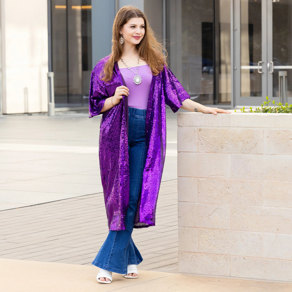 Starlit Sequins Duster Kimono Top - Purple