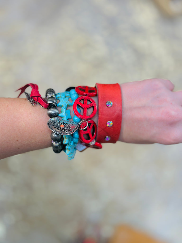 Urban Cowboy Red & Turq Leather Bracelet Set