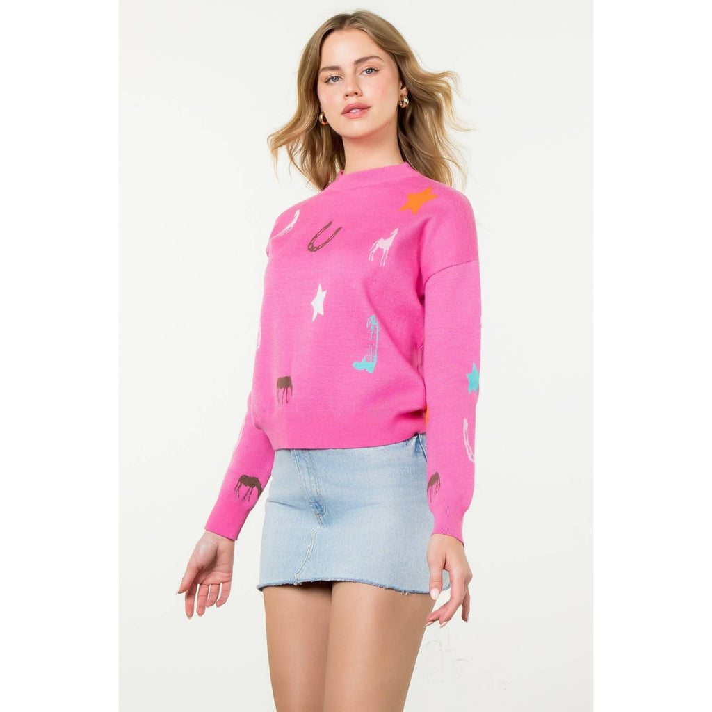 Pink Western Era Motif Long Sleeve Knit Sweater