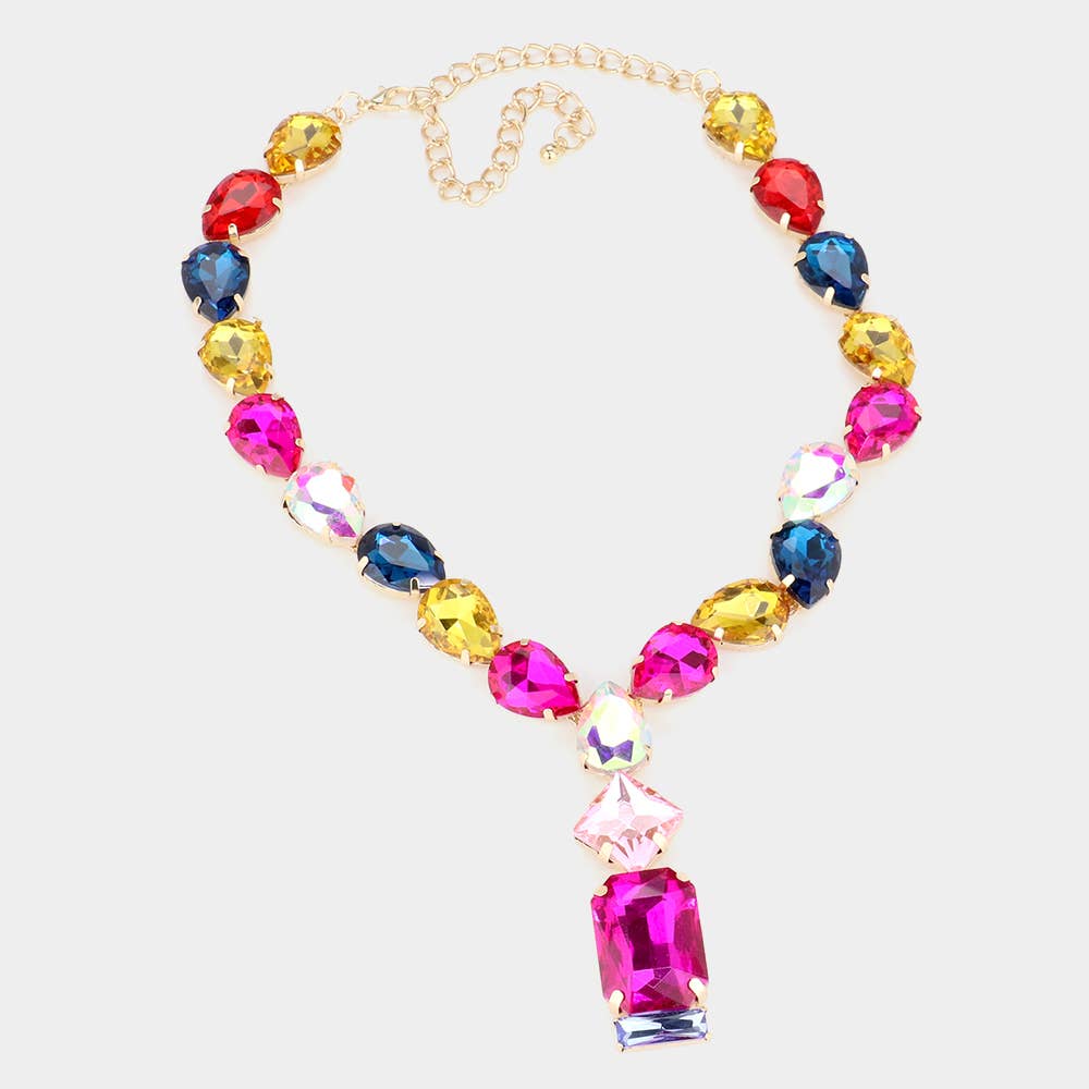 Emerald Cut Cluster Teardrop Pendant Necklace - MULTI