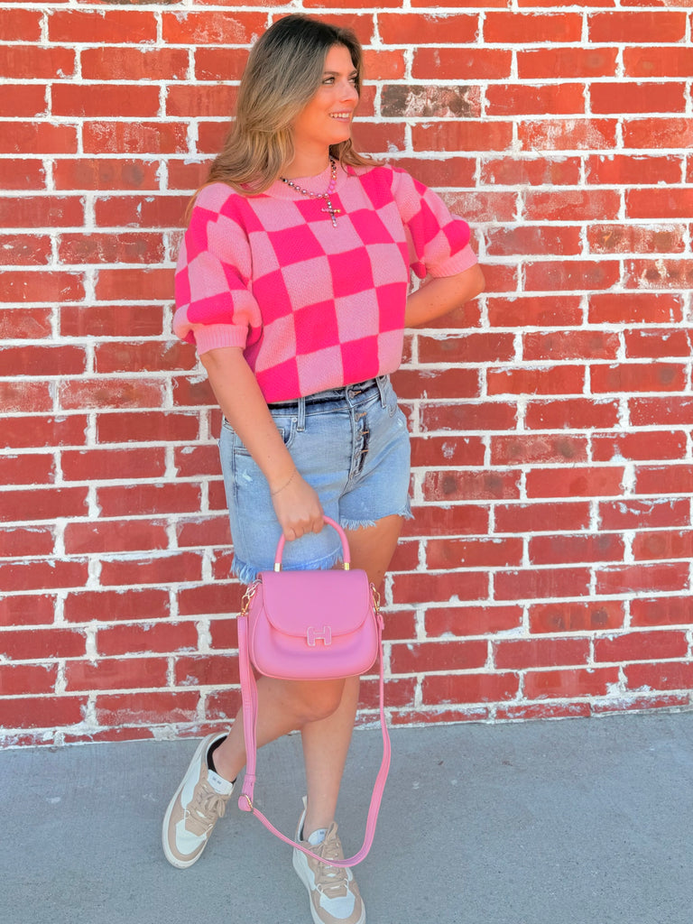 Checkered Short Puff Sleeve Knit Pullover Top PINK