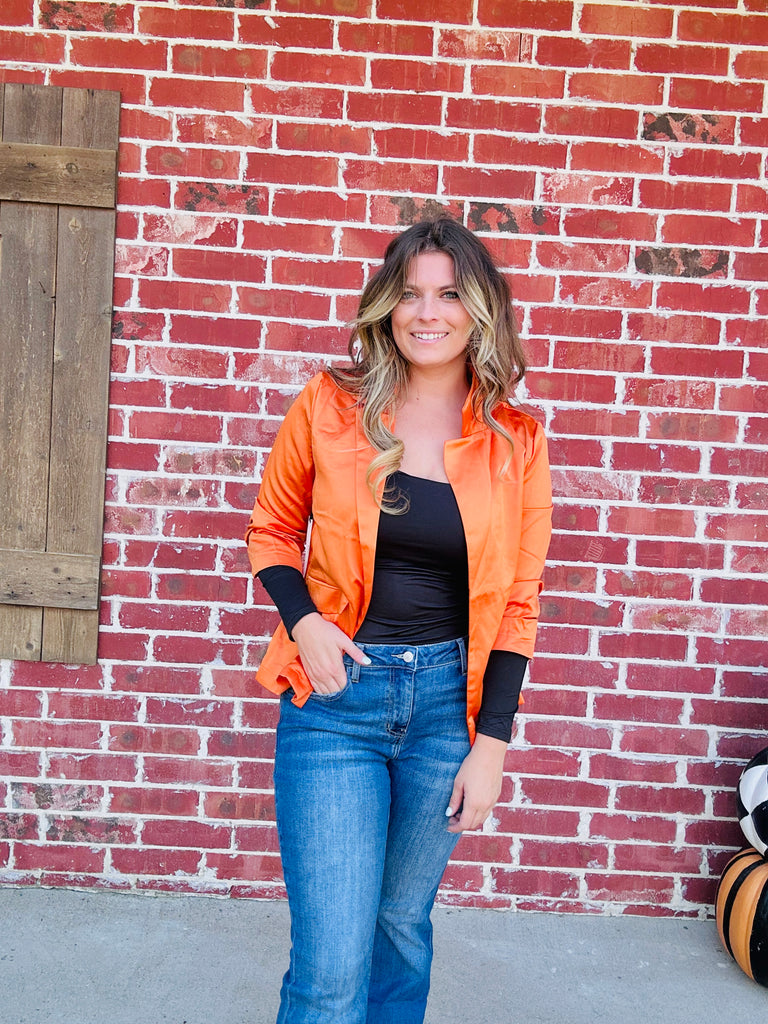 Solid Staple Pleat Sleeve Blazer - Burnt Pumpkin