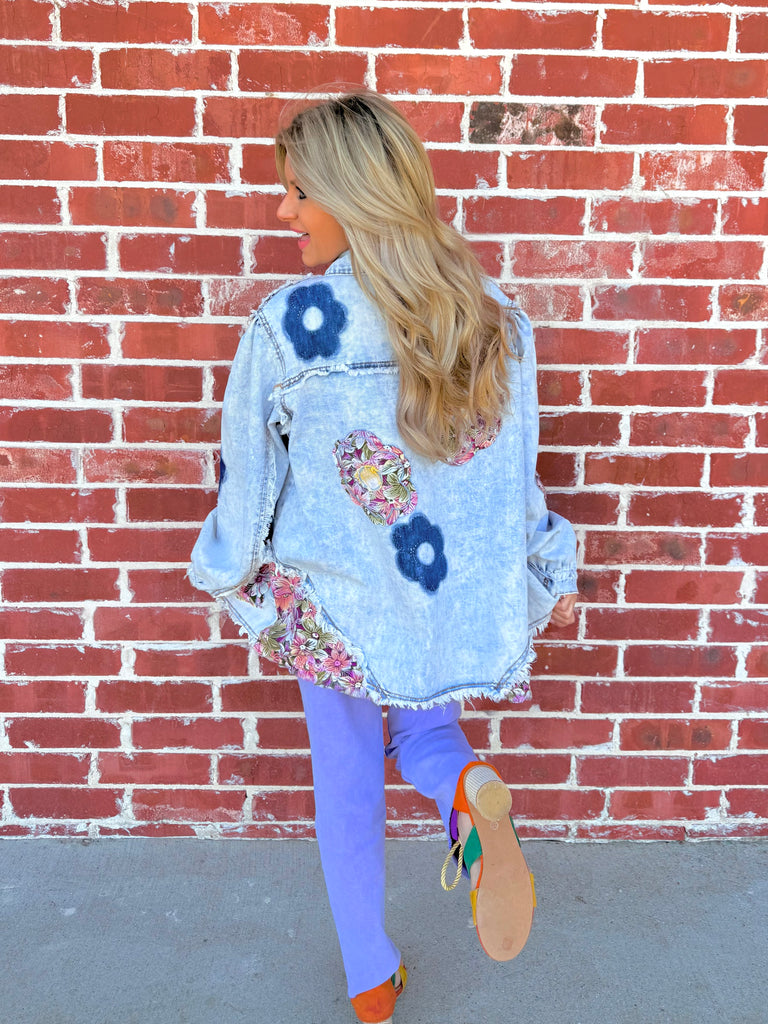 Dolly Denim & Floral Patchwork Lightweight Button-Up Jacket