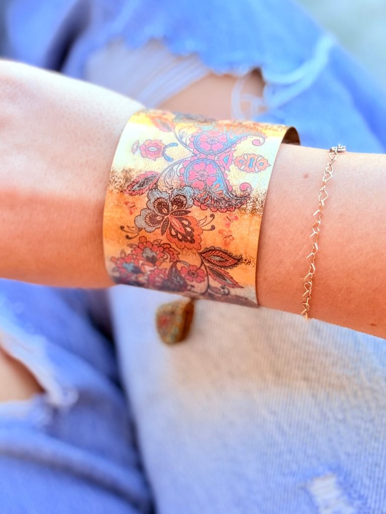 Vintage Spring Florals Gold Metal Cuff Bracelet