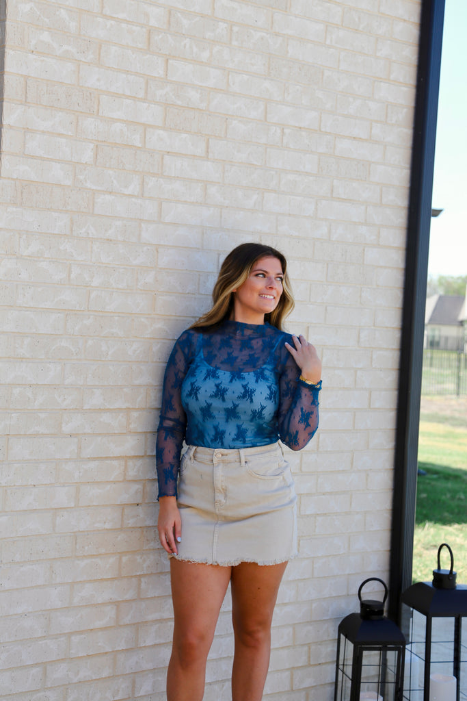 Navy Teal Vintage & Lace Mesh Long Sleeve