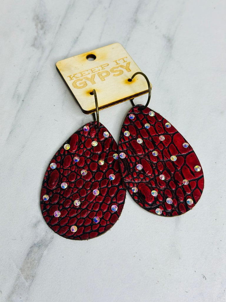 Vintage Red Cuban Leather Teardrop Earrings