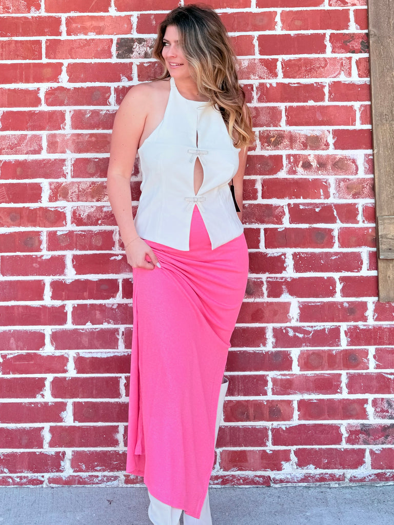 Blush Pink Metallic Side Slit Maxi Skirt