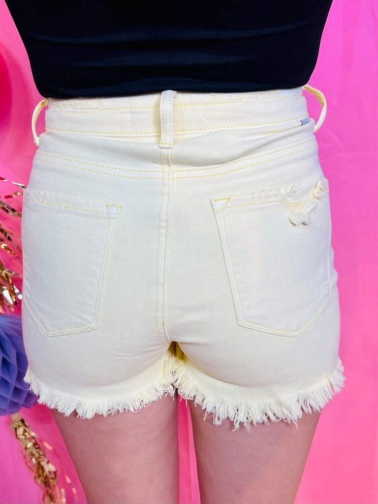 Pale Yellow Distressed High Rise Shorts