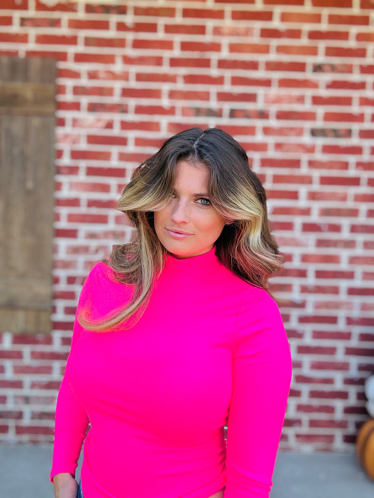 Hot Pink Mock Neck Ribbed Top