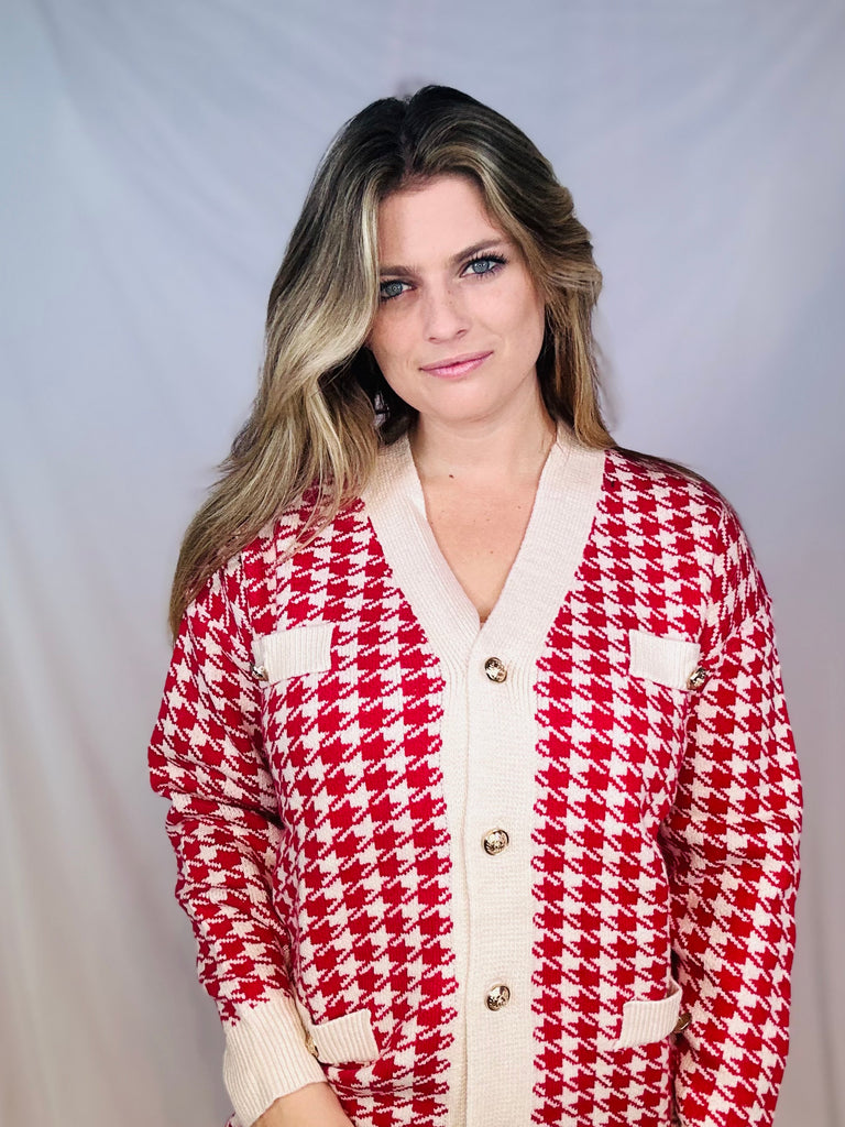 Red & Ivory Houndstooth Jacket/Cardigan