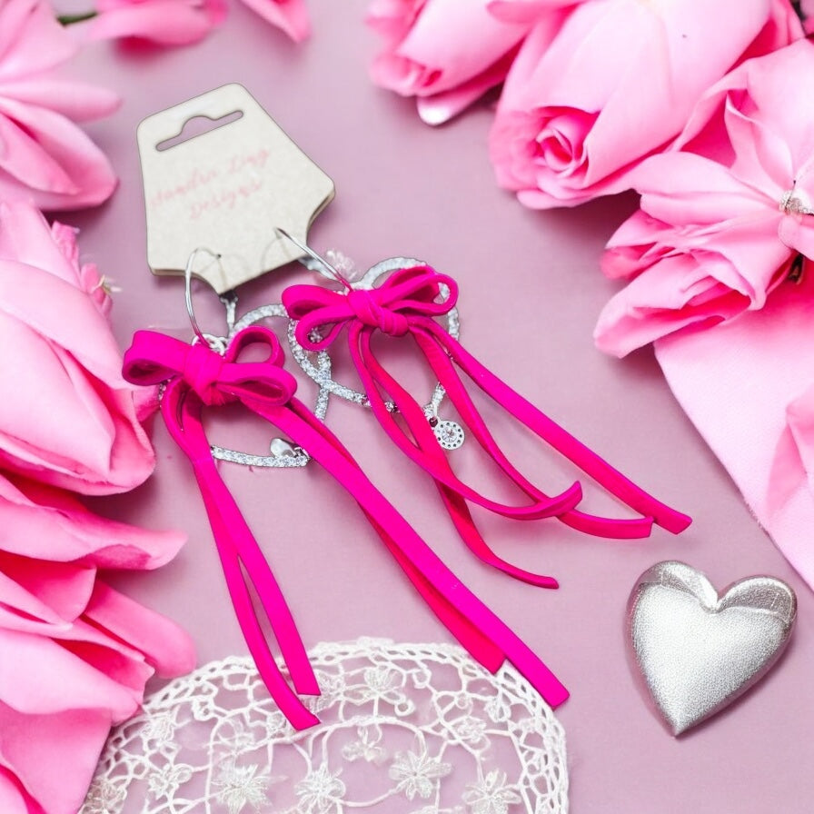 Bow Tied Fringe & Crystal Heart Earrings