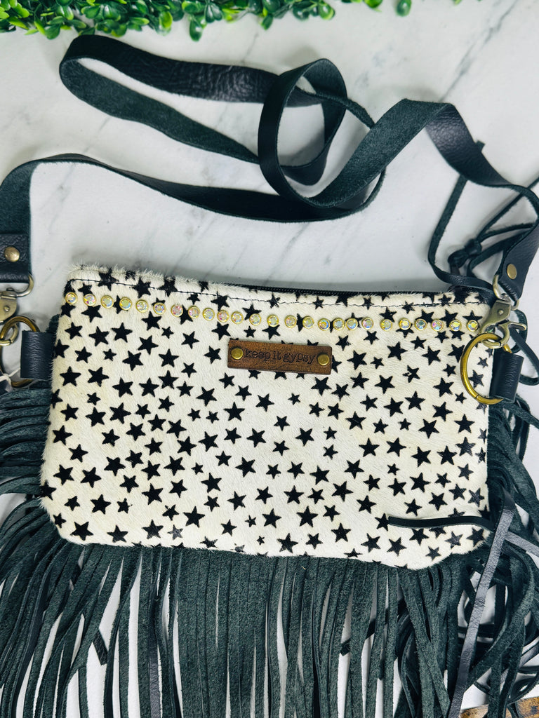 Two Tones Black Leather & Stars Olive Fringed Crossbody