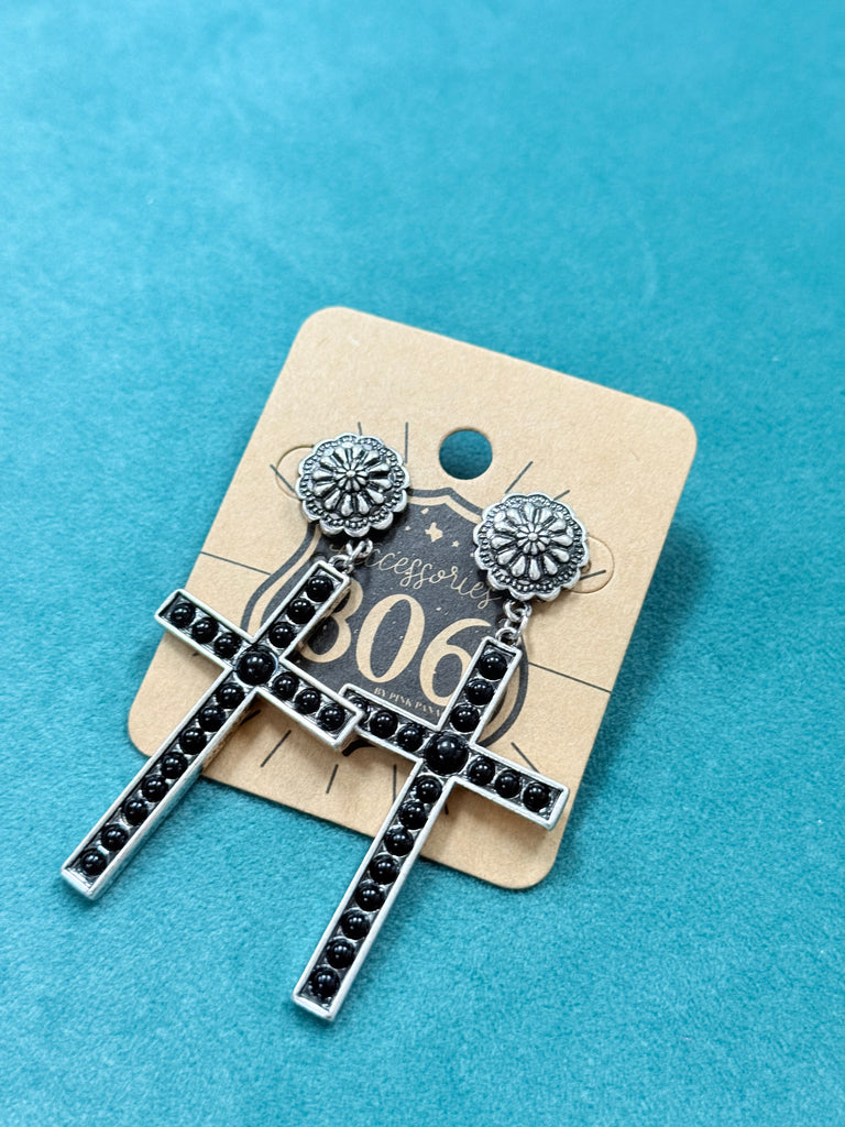 Black Stone Vintage Silver Cross Earrings