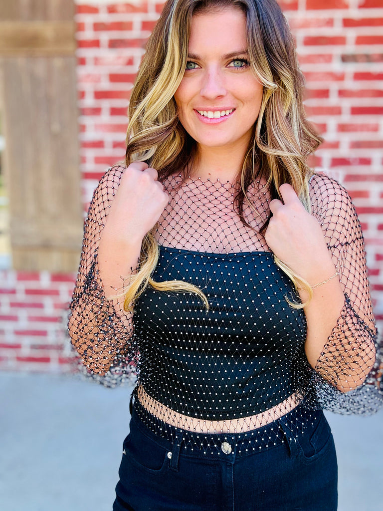 Caught Up On You Mesh Net Rhinestone Top