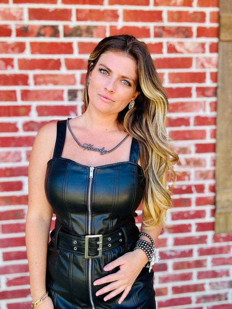 Black Something Fierce Faux Leather Fall Overall Dress