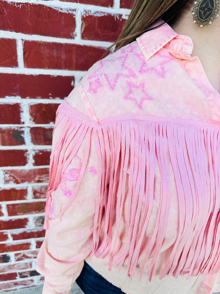 Pink Suede Fringe Button Up Blouse