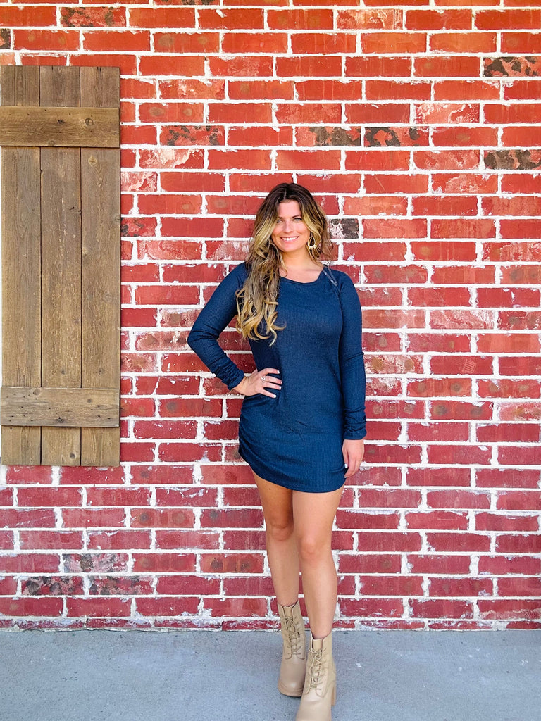 Navy Rib Knit Ruched Sweater Dress