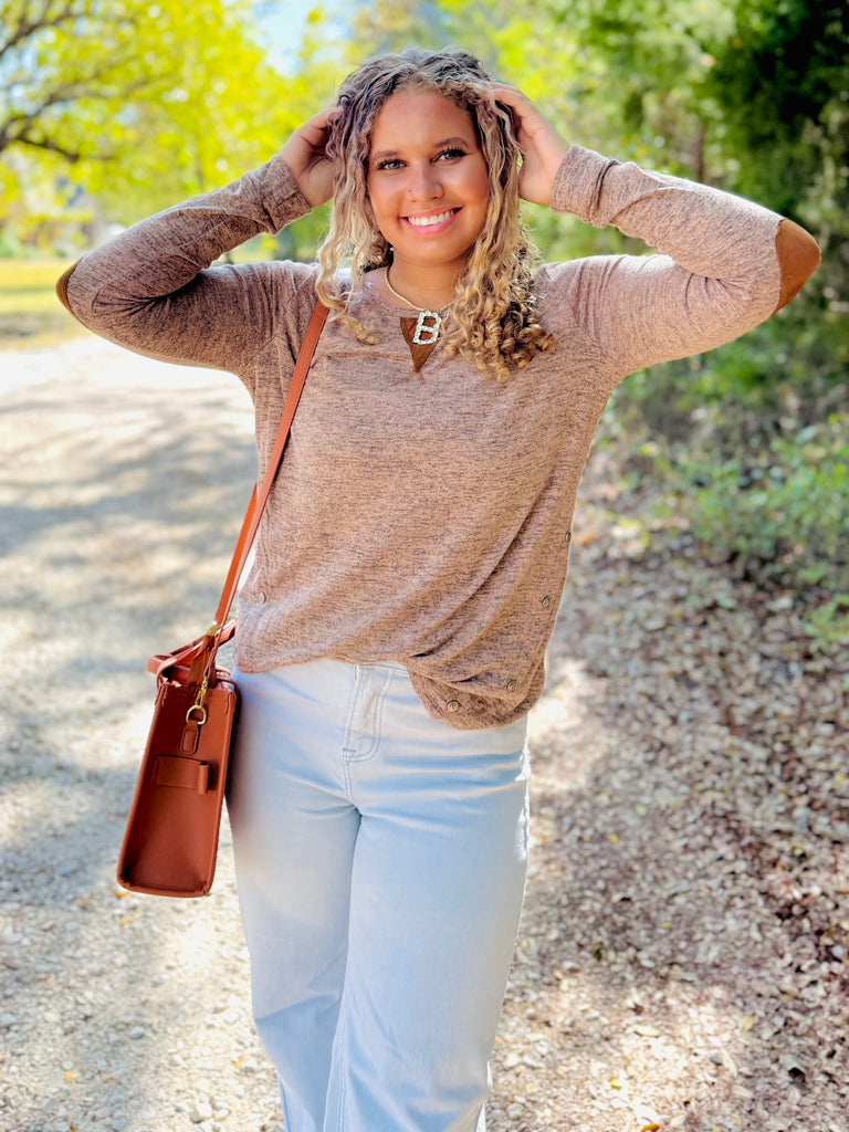 It's That Simple Elbow Patch Button Top - Mocha