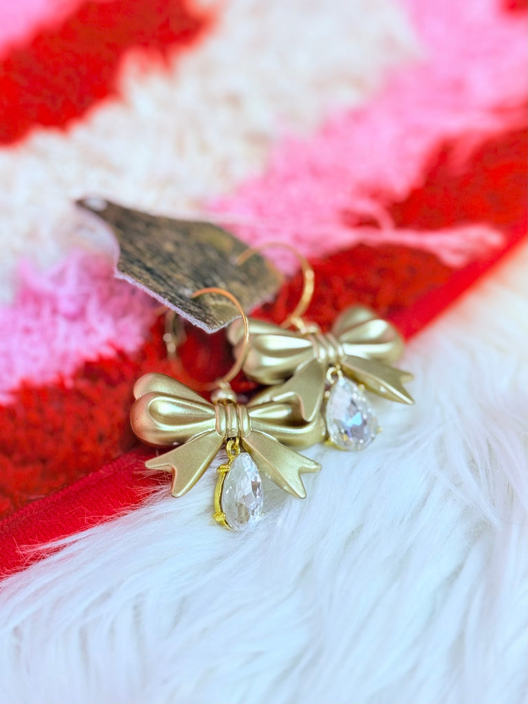 Gold Bows and Crystal Drop Earrings