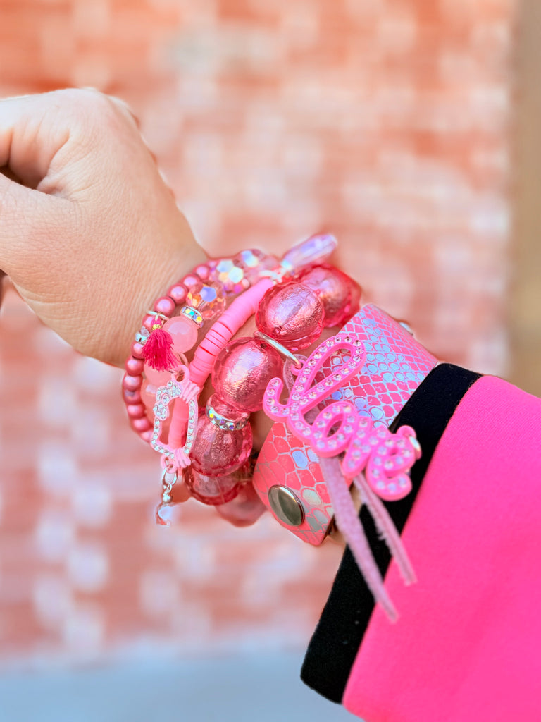 Pink Love Leather Cuff and Charm Bracelet Set