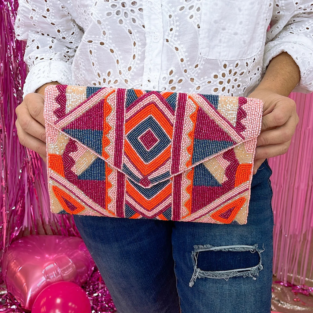 Geo Pink Beaded Clutch and Crossbody Purse