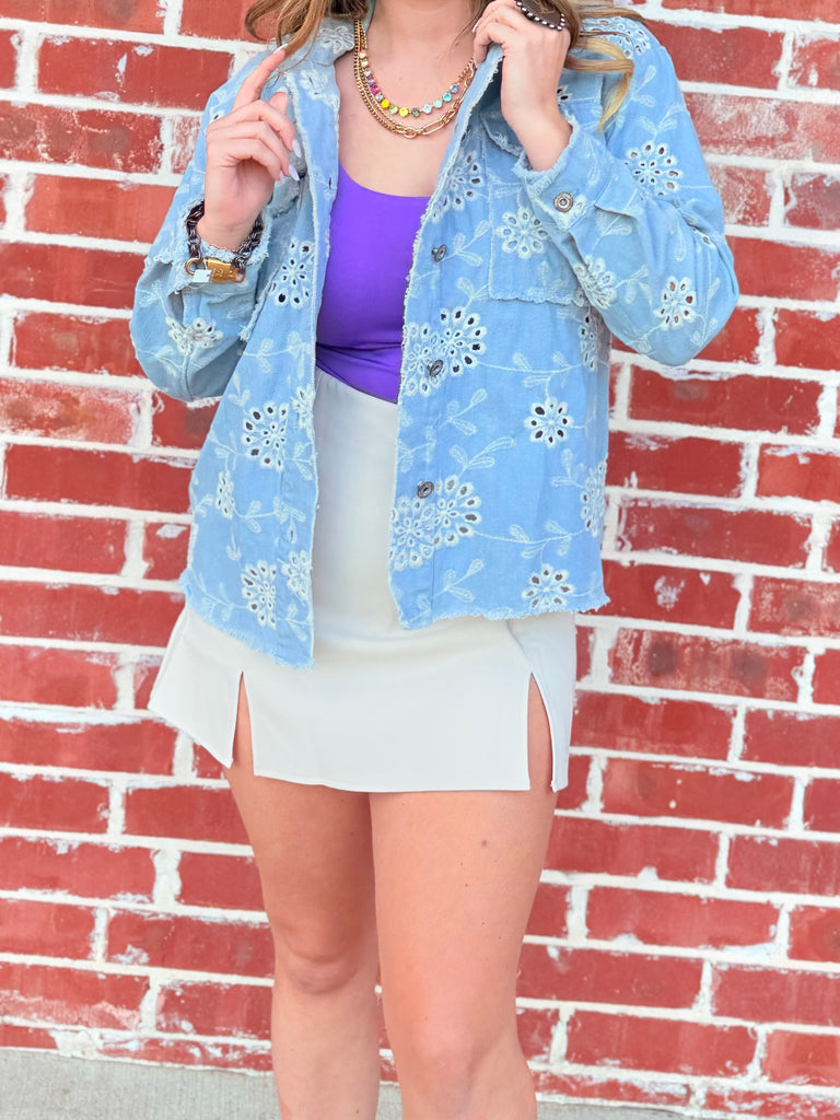 Coastal Floral Eyelet Embroidery Denim Jacket - Light Blue