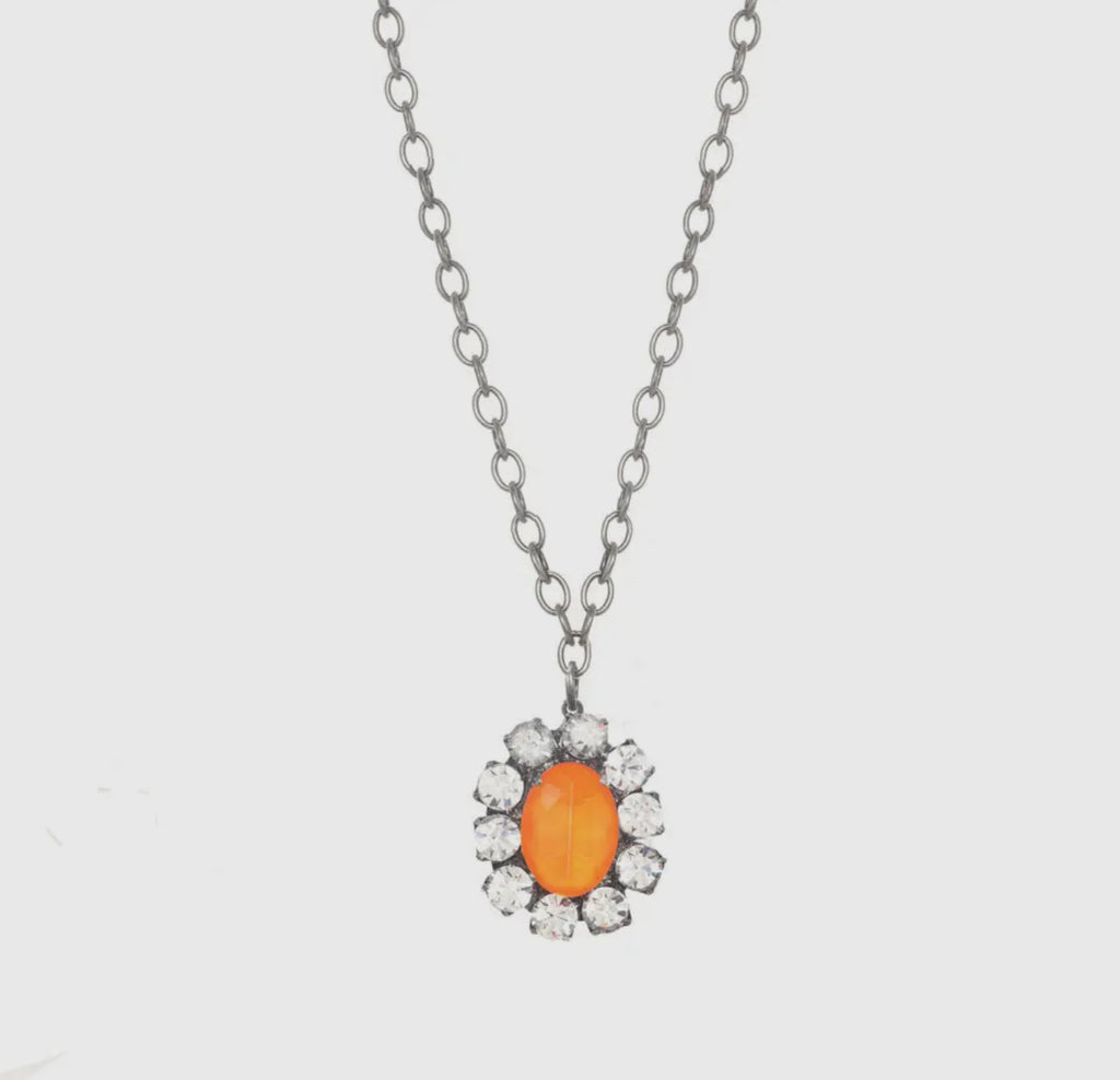 Edith Oval Pendant Antique Silver Swarovski Necklace - Neon Orange