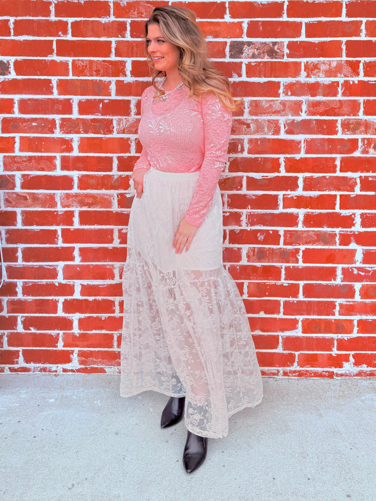 Pink Sheer in Love Lace Mock Neck Top