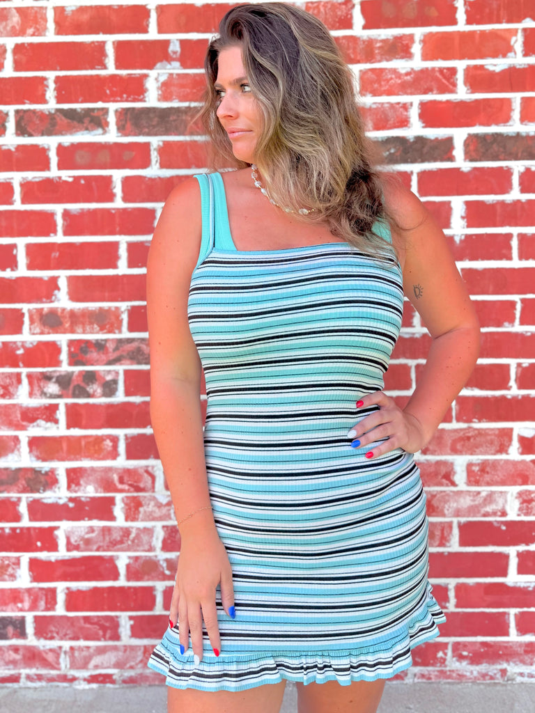 Sage Blue & Black Striped Mini Dress