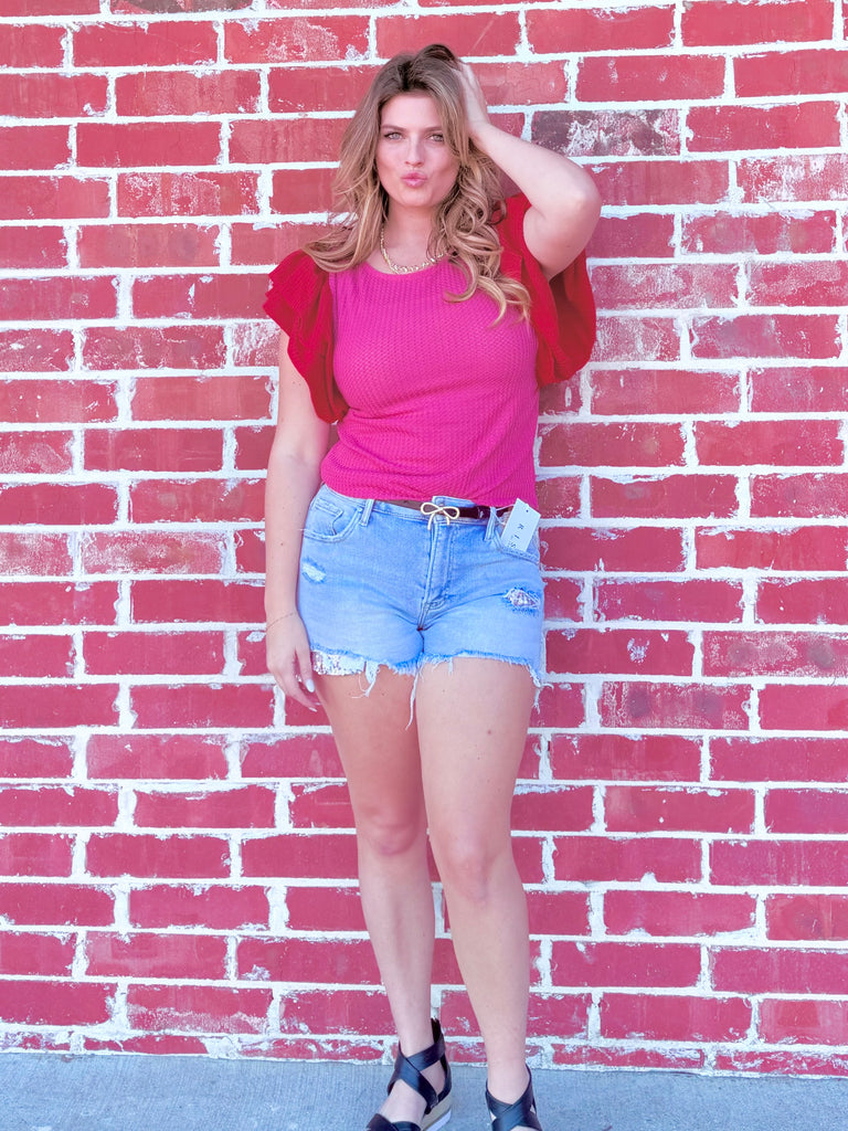 Waffle Knit Color Block Top with Ruffled Sleeves - Pink & Red