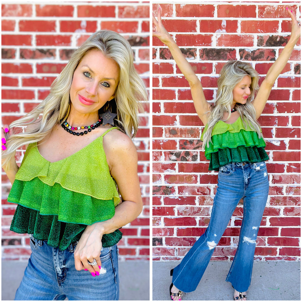 Green Cropped V-neck Layered Color Block Top