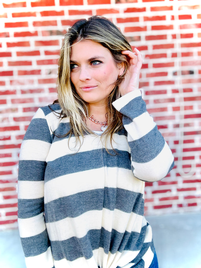 Keep You Guessing Stripe Knot Top - Charcoal