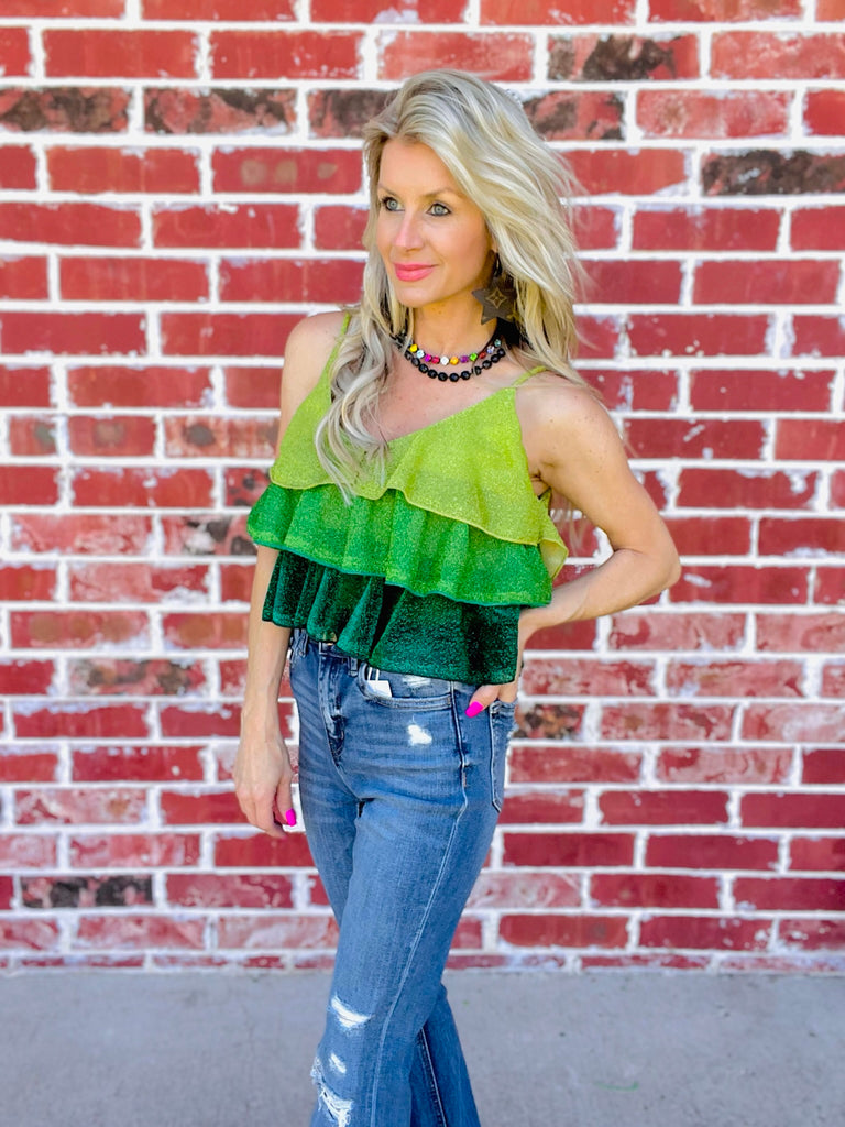 Green Cropped V-neck Layered Color Block Top