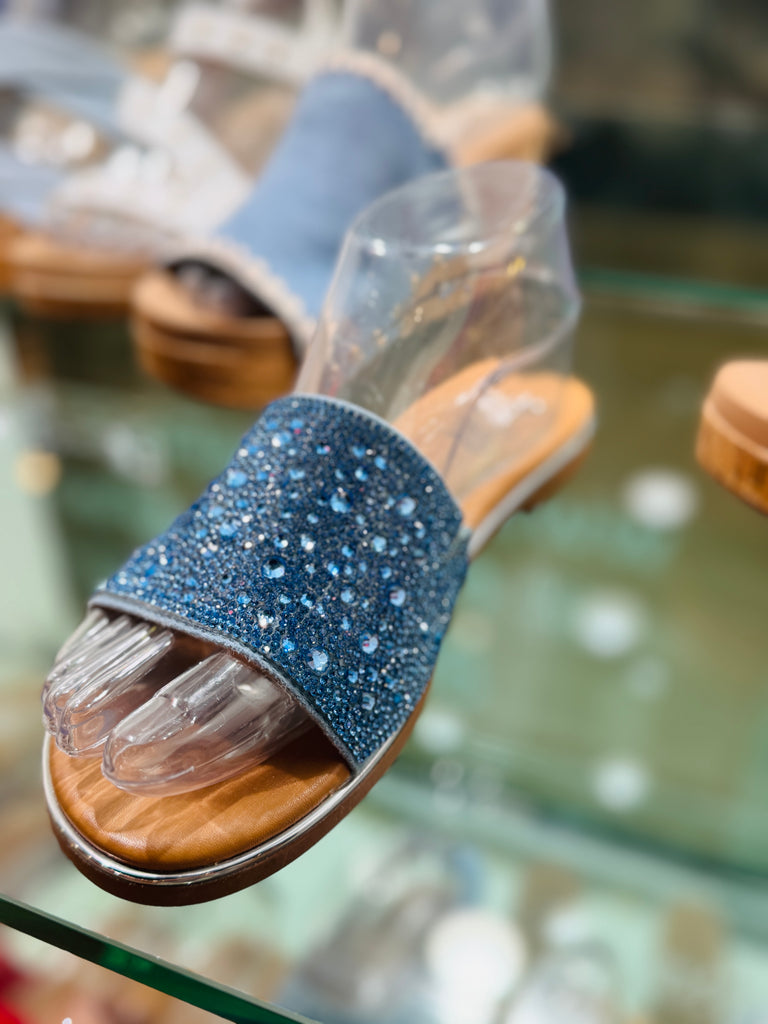 Pizazz Crystal Embellished Sandals- Silver/Blue